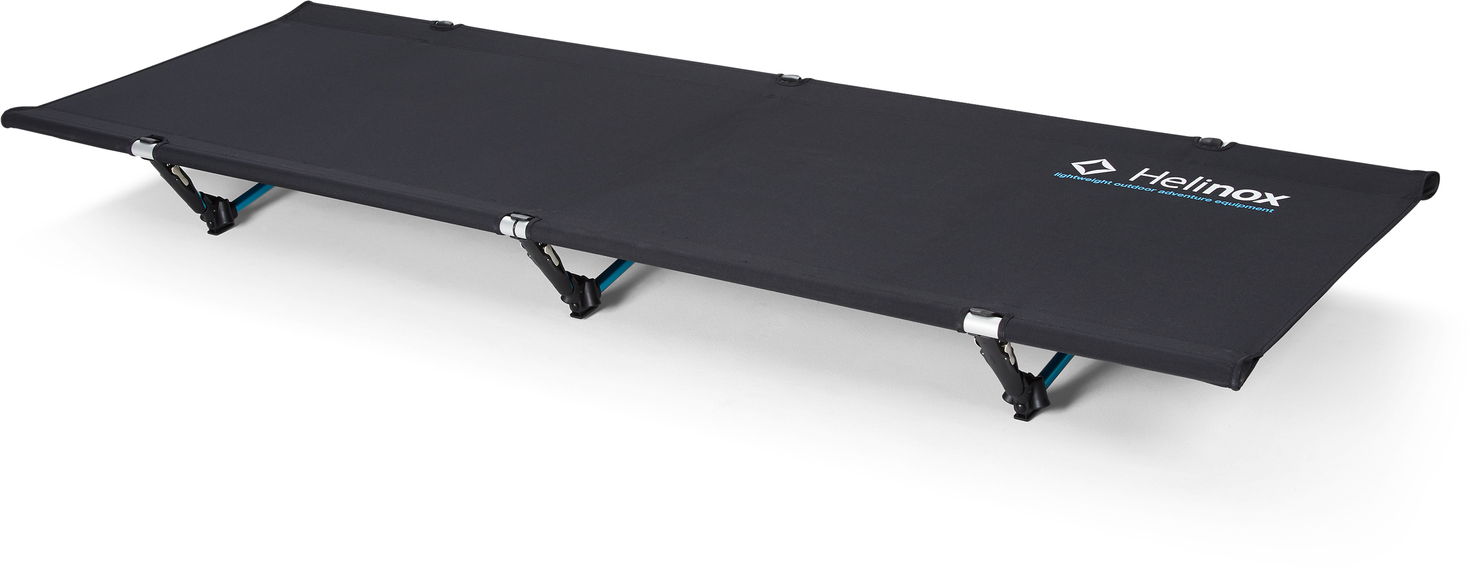 Helinox Cot One Convertible fältsäng i svart och cyan blå – ultralätt aluminiumram