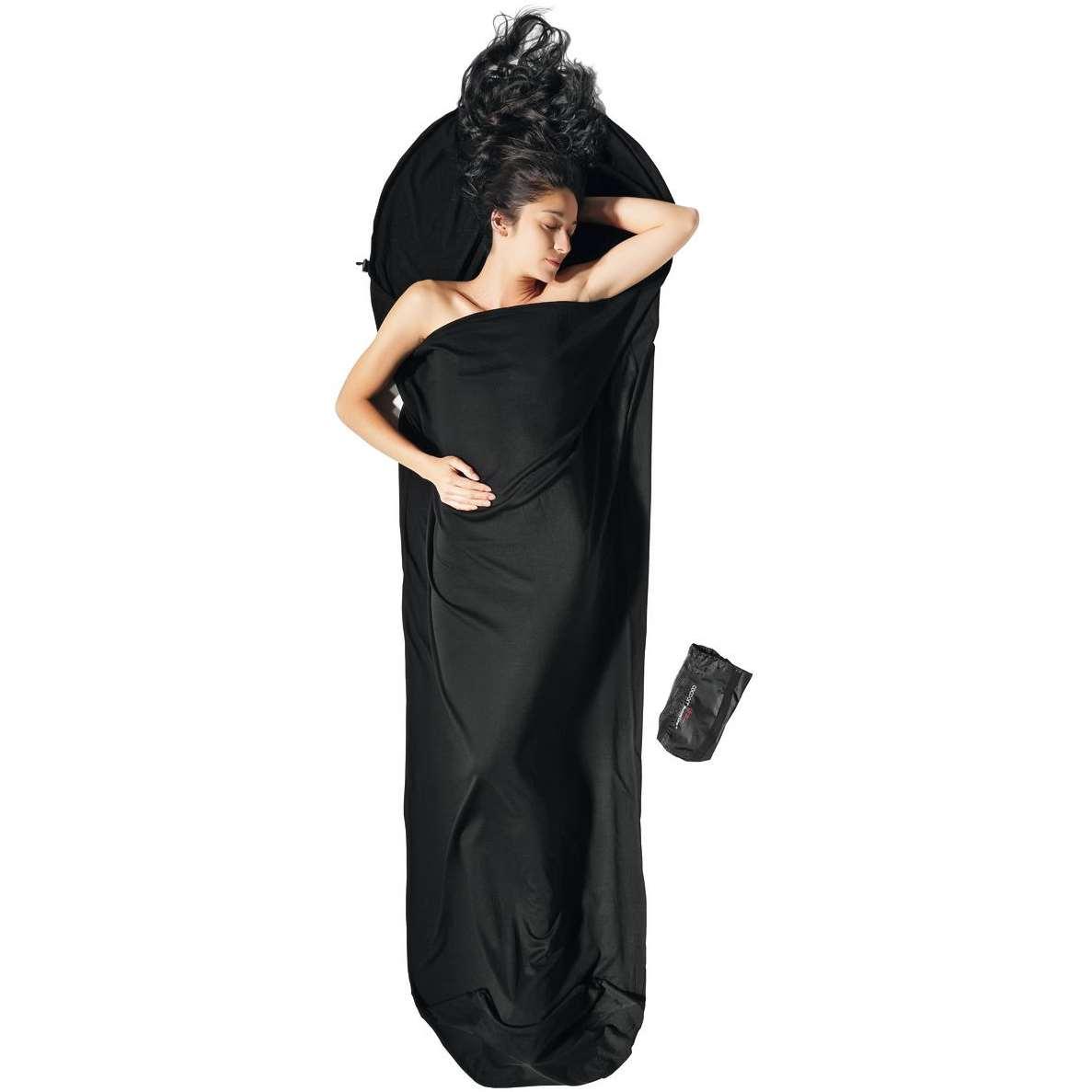 Cocoon Mummy Liner i svart merino-ull, mumieformat sovsäckslakan med hushållsremsa