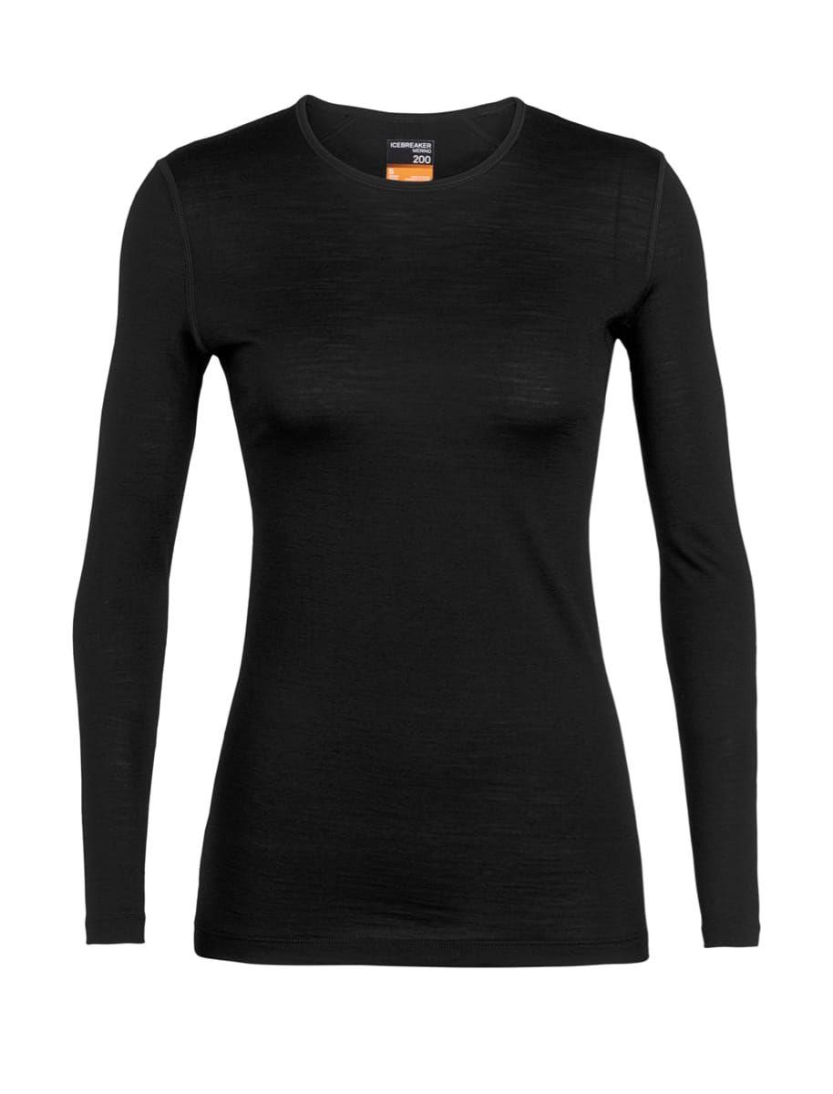 Icebreaker Women's 200 Oasis Long Sleeve Crewe i svart – merinoull underställströja dam