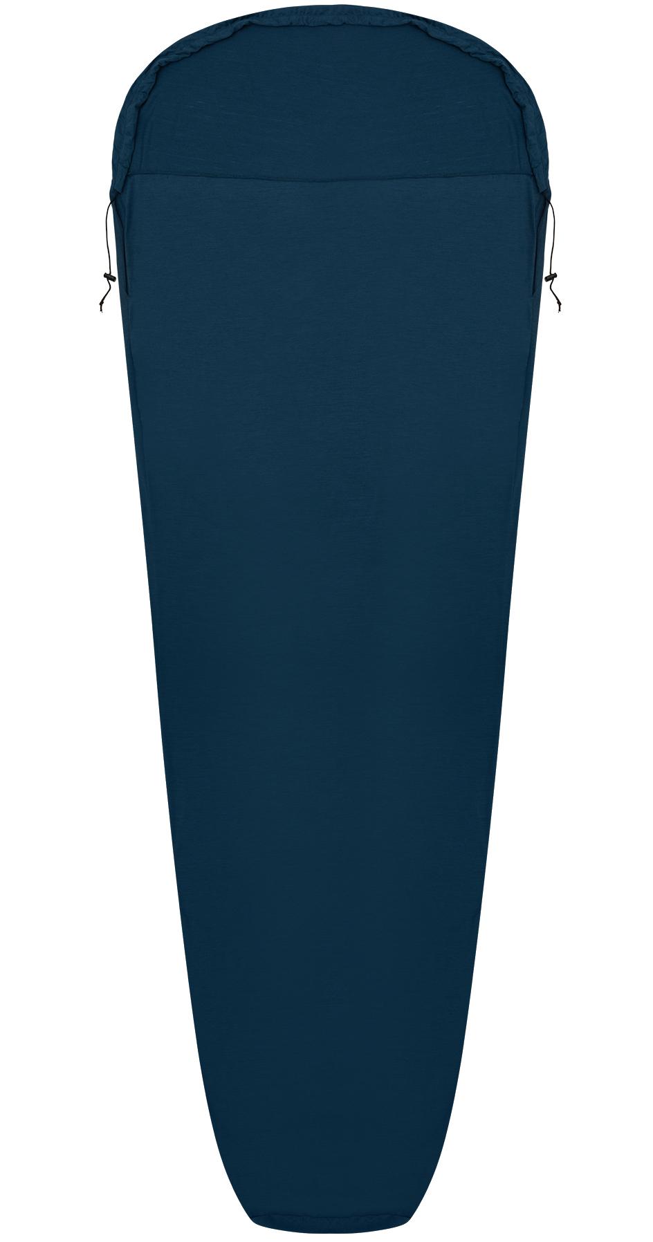 Urberg Merino Liner Mummy i mörkblå marinblå färg, mumieformat sovsäckslakan i 50% merino ull
