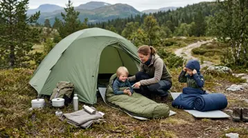 Mamma och två barn med barnsovsäckar vid ett tält i skogen