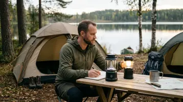 Man vid campingbord i skymningen med två lysande campinglyktor och pannlampor på en sten