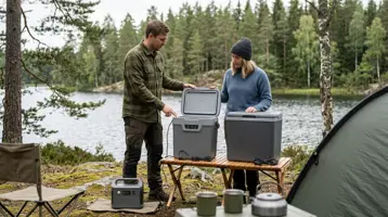 Två campare öppnar en elektrisk kylbox på ett campingbord vid en skogssjö, med portabelt batteri anslutet