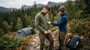 Två vandrare i fleecejackor på en stig i höstfjällen med tältet uppslaget i bakgrunden