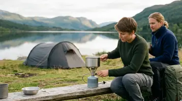Två campare kokar vatten på ett gasolkök på en träbänk vid en spegelblank sjö