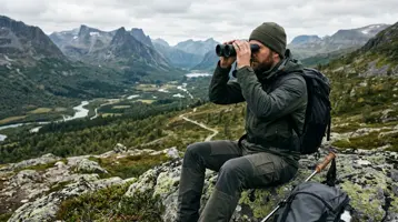 Man sitter på en klipphäll och spanar med kikare ut över en dalgång