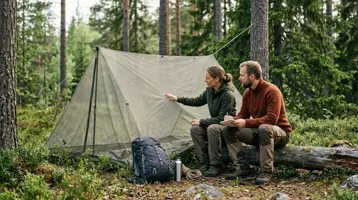 Par sitter vid ett uppspänt myggnätstält i svensk barrskog