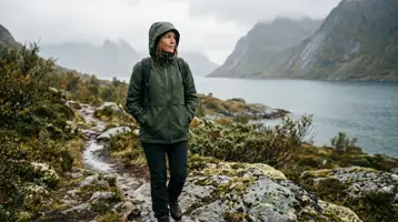 Kvinna i regnjacka på en blöt fjällstig vid en fjord i regnväder