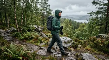 Vandrare i regnjacka och regnbyxor med vandringsstav på en våt klippstig i skogen