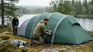 Man pumpar upp luftbågarna på ett uppblåsbart familjetält vid en sjö