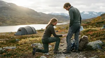 Två vandrare i vandringsbyxor på en fjällhed i kvällssol