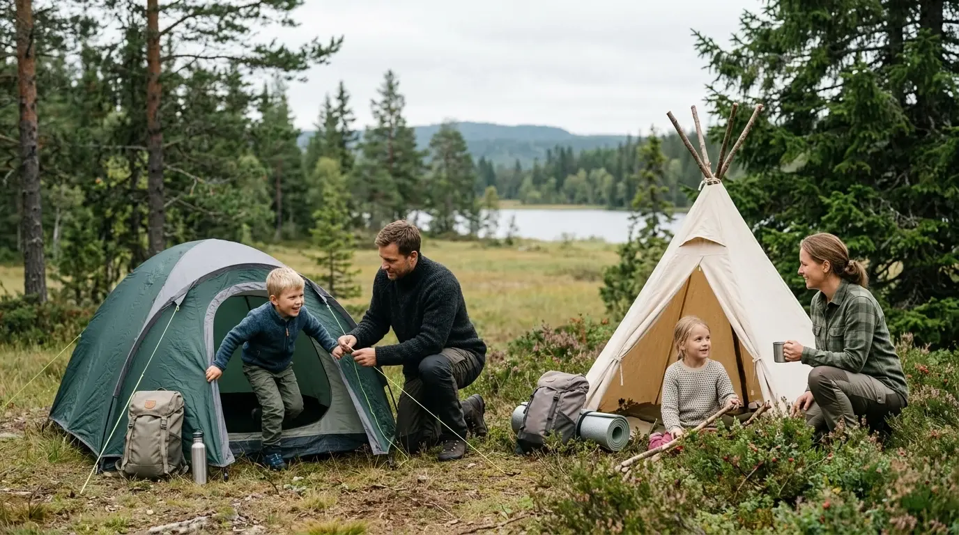 Familj reser ett litet kupoltält och ett tipitält för barnen i skogen