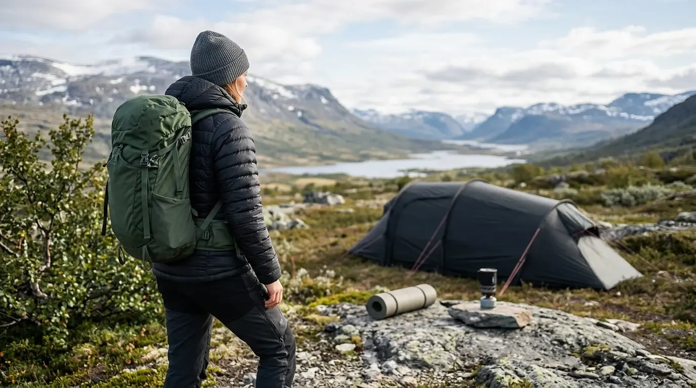 Vandrare i dunjacka blickar ut över ett fjällandskap med tunneltält i förgrunden
