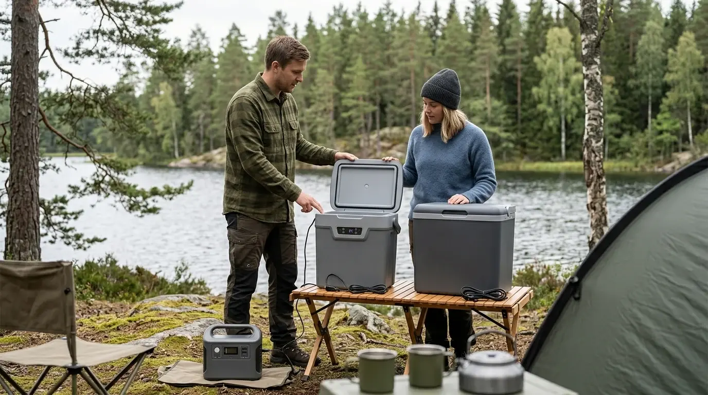 Två campare öppnar en elektrisk kylbox på ett campingbord vid en skogssjö, med portabelt batteri anslutet