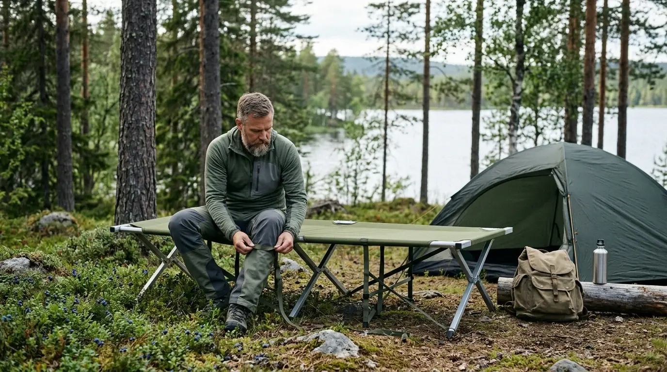Man fäller upp en fältsäng vid tältet på en campingplats i tallskog vid en sjö