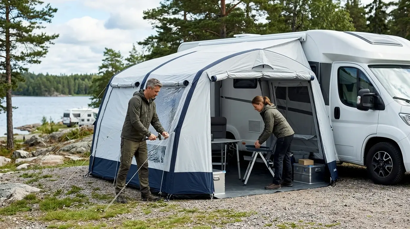 Par monterar ett uppblåsbart förtält vid en husbil på en campingplats nära vattnet
