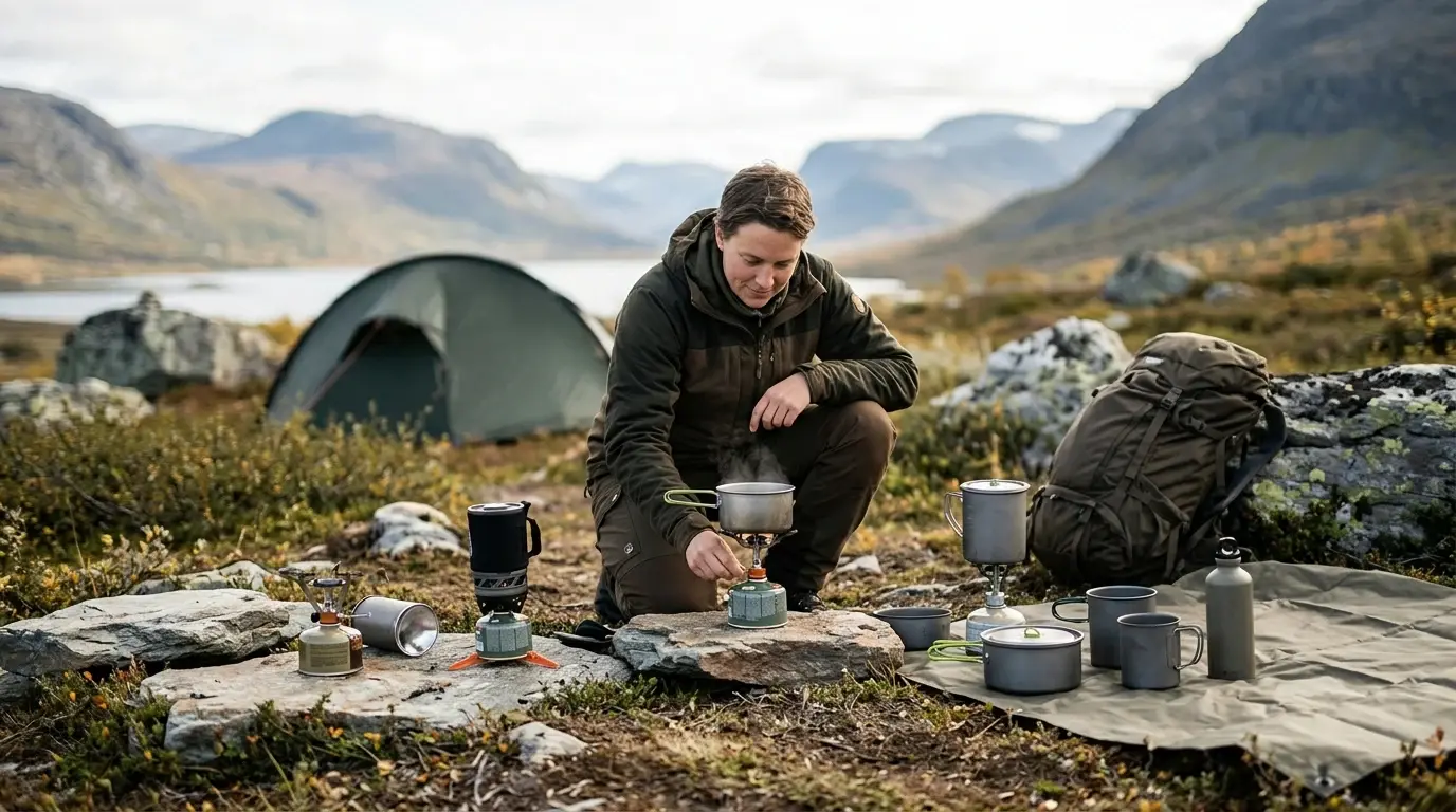 Vandrare lagar mat på friluftskök på fjället, med flera kokset uppradade på berghällen