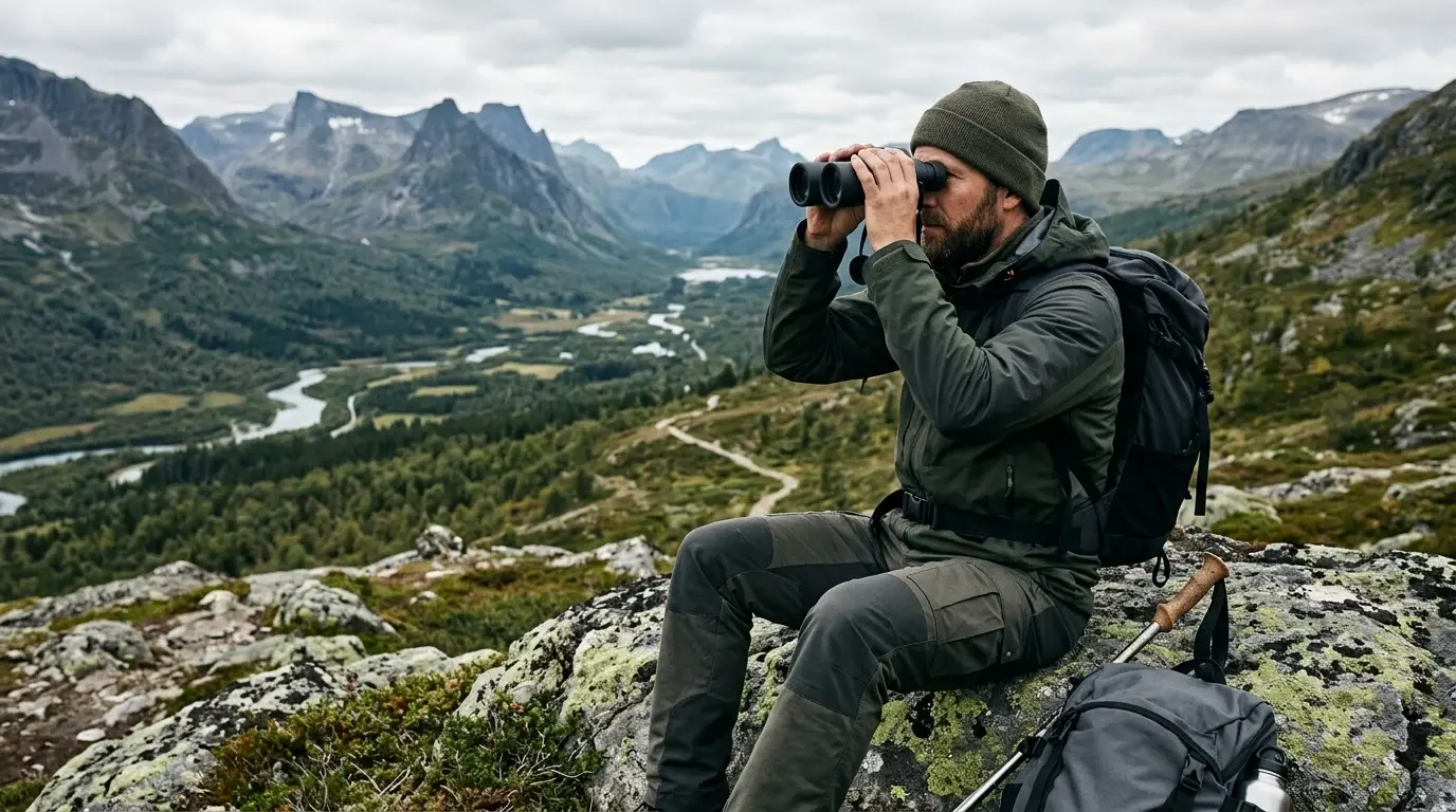 Man sitter på en klipphäll och spanar med kikare ut över en dalgång