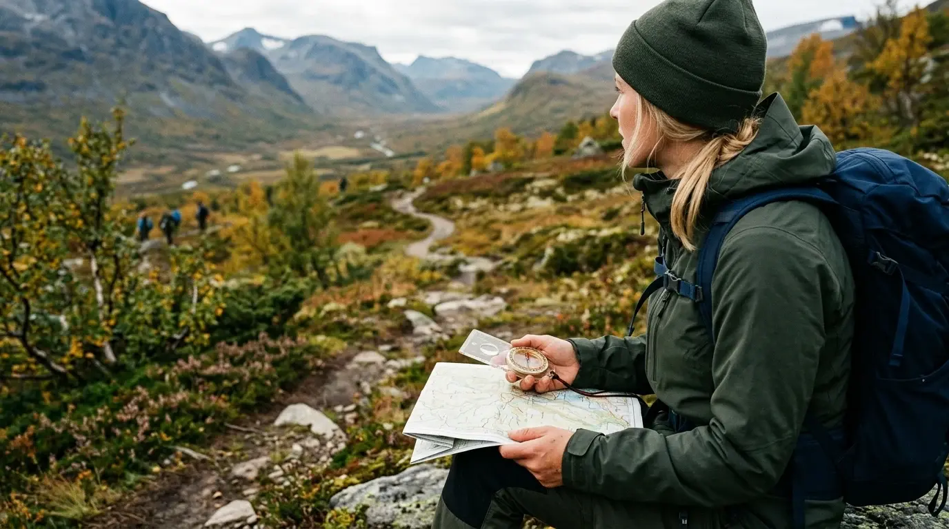 Kvinnlig vandrare navigerar med karta och kompass på en fjällstig i höstfärger