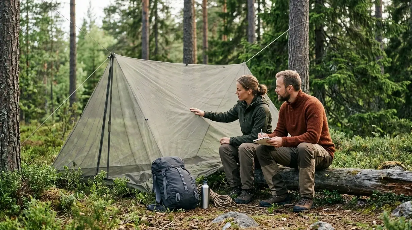 Par sitter vid ett uppspänt myggnätstält i svensk barrskog