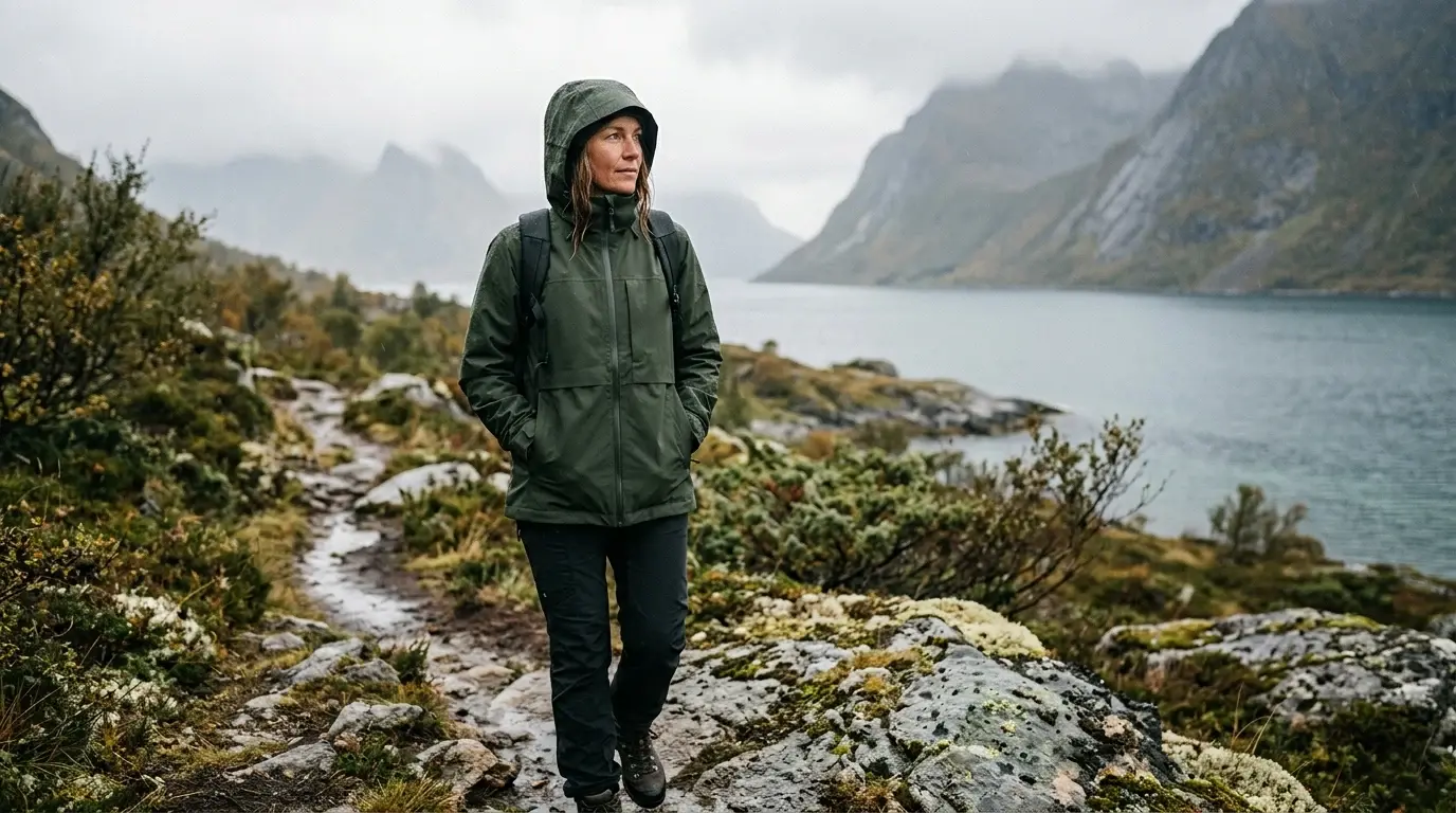 Kvinna i regnjacka på en blöt fjällstig vid en fjord i regnväder