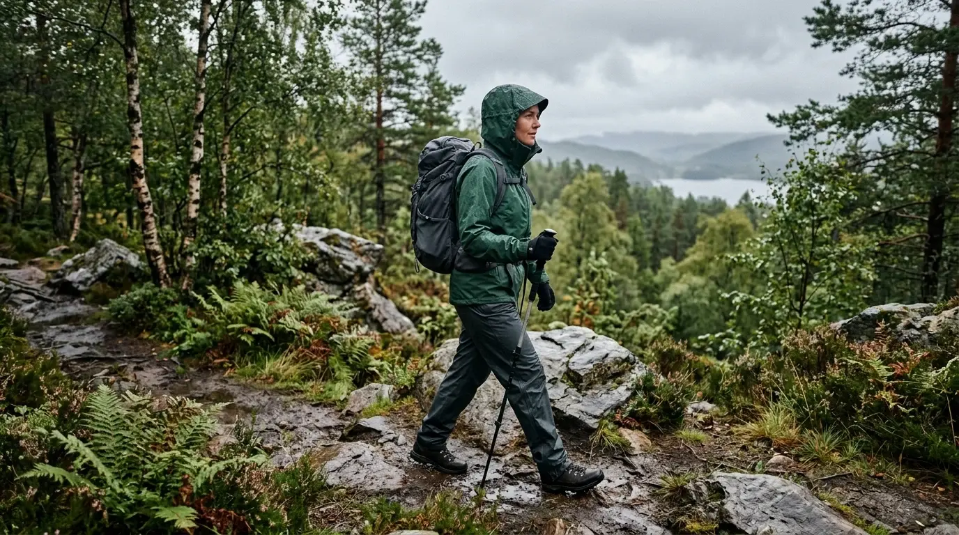 Vandrare i regnjacka och regnbyxor med vandringsstav på en våt klippstig i skogen