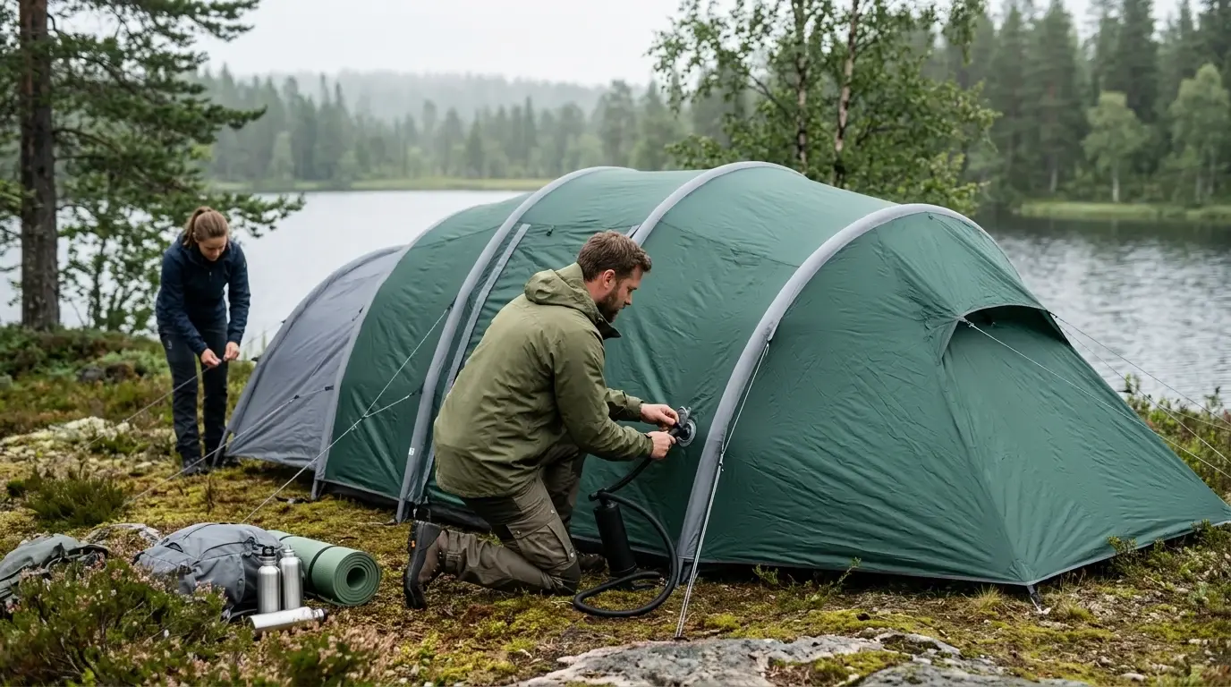 Man pumpar upp luftbågarna på ett uppblåsbart familjetält vid en sjö