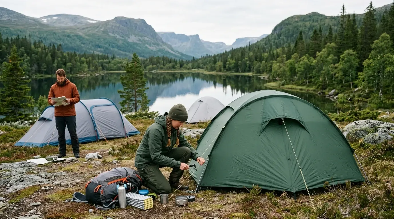 Kvinna fäster tältlinor på ett grönt vandringstält vid en fjällsjö