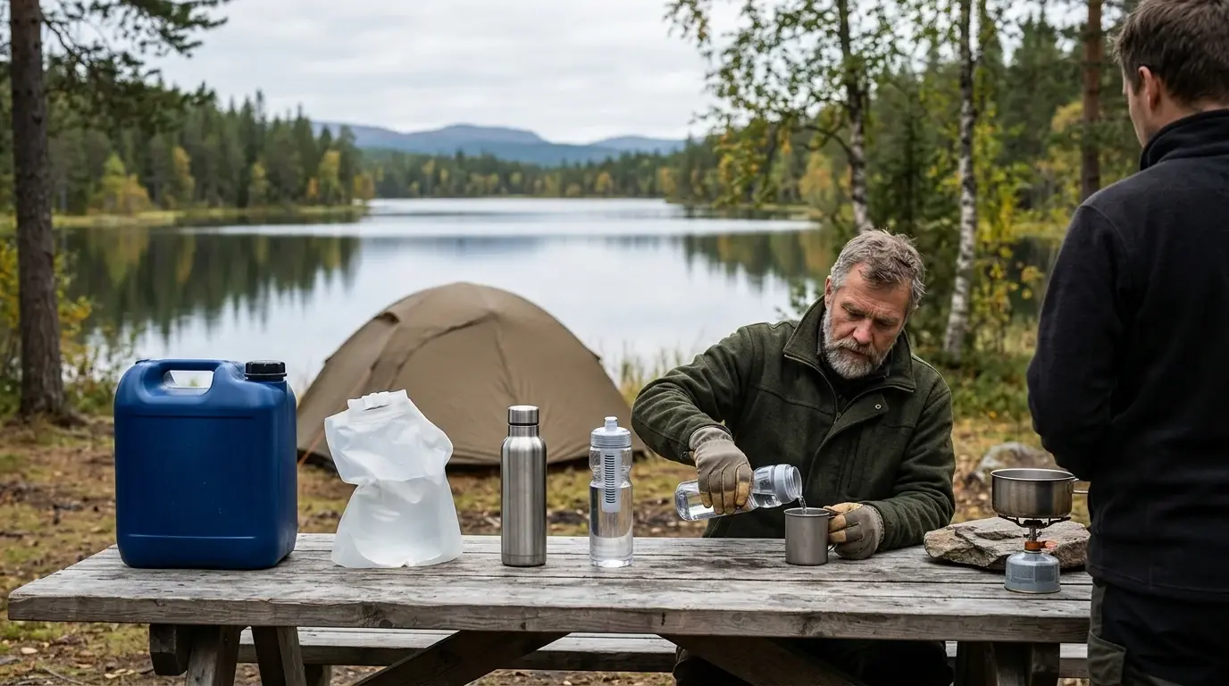 Vattendunk, vikbar vattenpåse, termosflaska och filterflaska på ett träbord vid en skogssjö