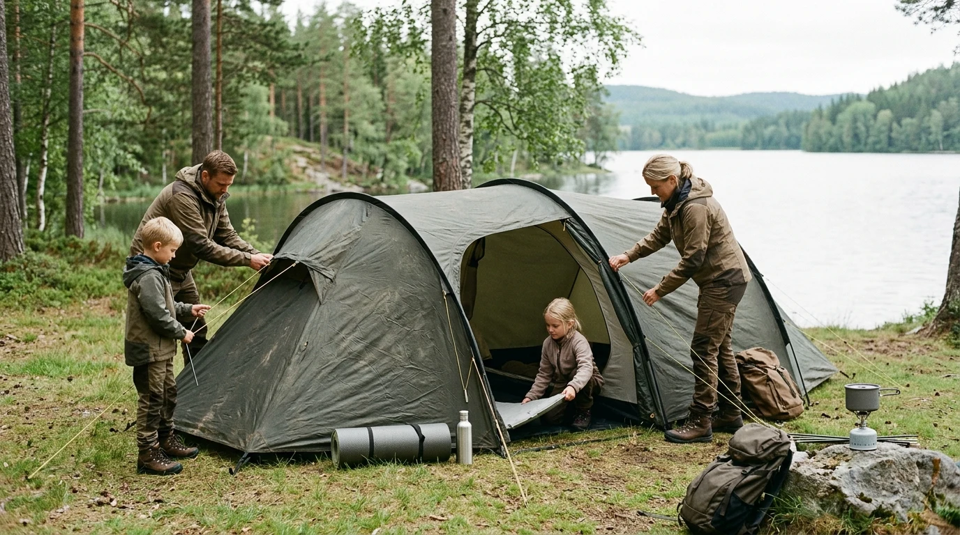 Familj med två barn reser ett fyramannatunneltält vid en skogssjö